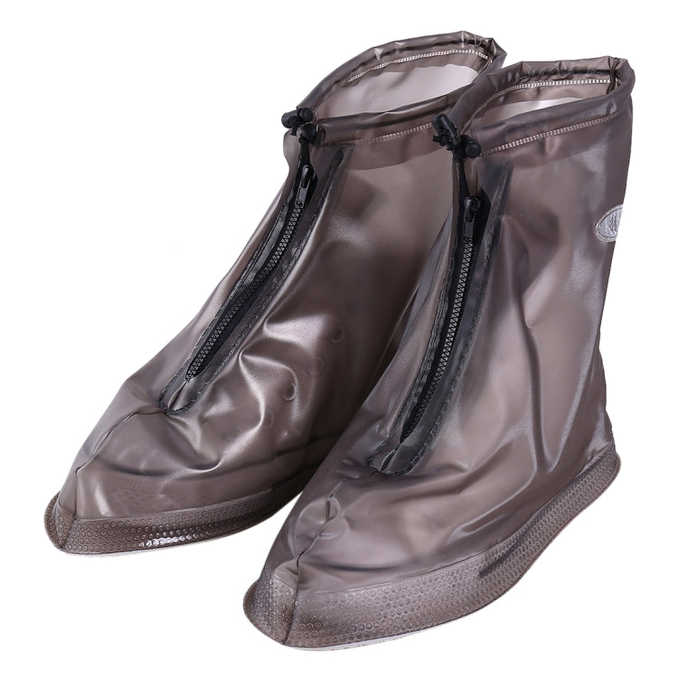 Coffee-brown waterproof PVC shoe covers with front zipper and textured anti-slip sole