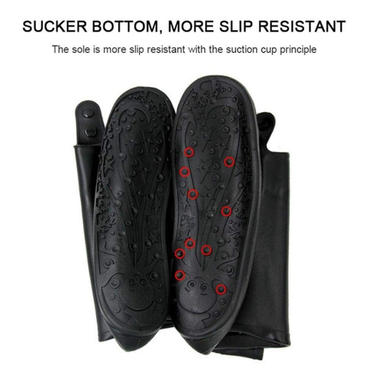 Black slip-resistant shoe cover soles with textured tread and suction dots