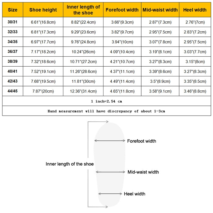 Size chart for shoe covers listing shoe height, length, width, and heel width