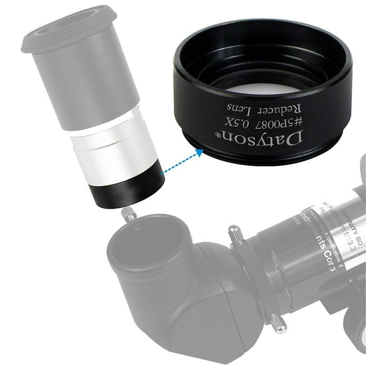 Datyson 0.5X reducer lens attached to telescope focusing adapter with threaded connection