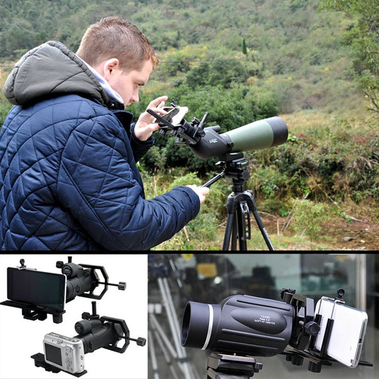 Telescope photography stand with phone holder mounted on a tripod outdoors