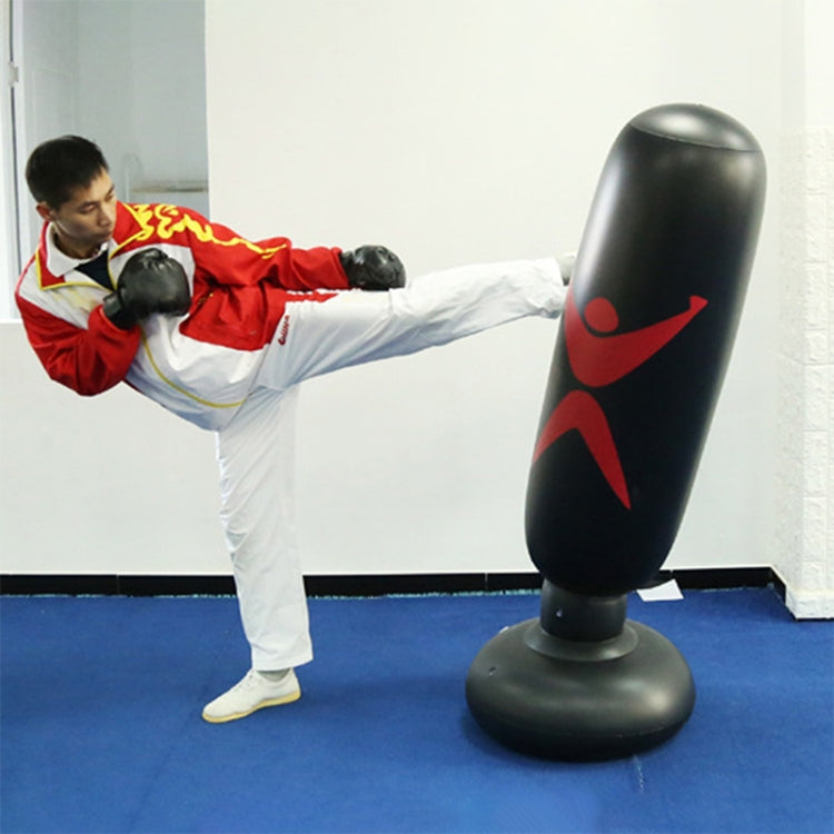 Inflatable boxing column toy, black with red target graphic, used for kick drills