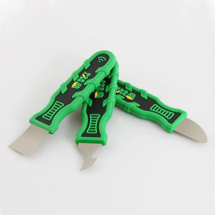 Set of green plastic phone pry tool spudgers with flat blades in different shapes.