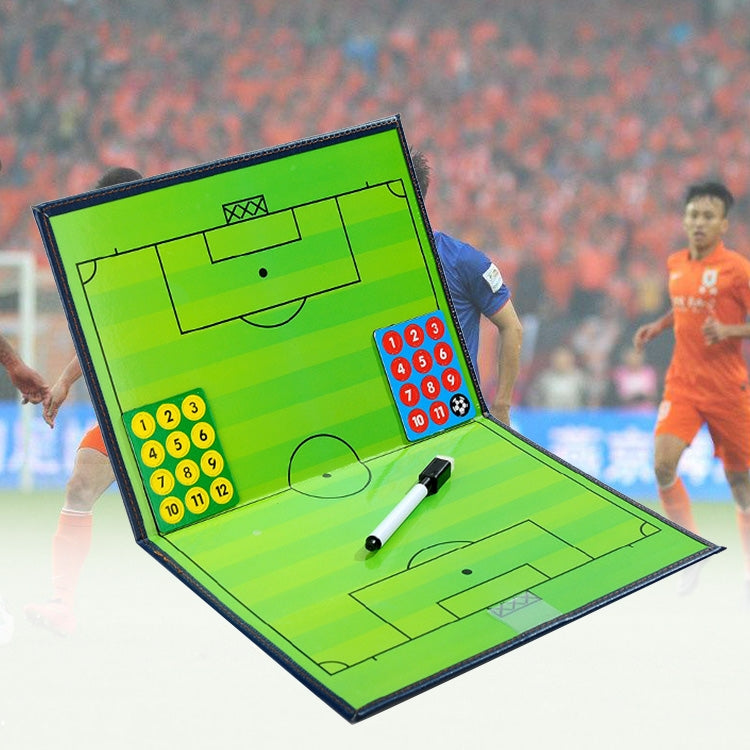 Foldable magnetic football coach board open with green play diagram and marker pen
