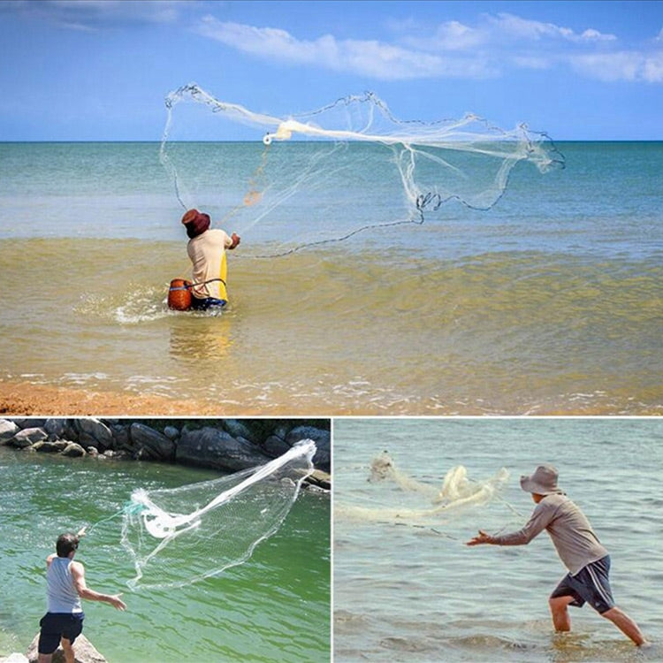 Person casting a white fishing net over the water near the shore