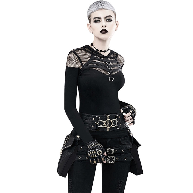 Black PU leather waist bag with layered straps, metal eyelets, and chain pulls