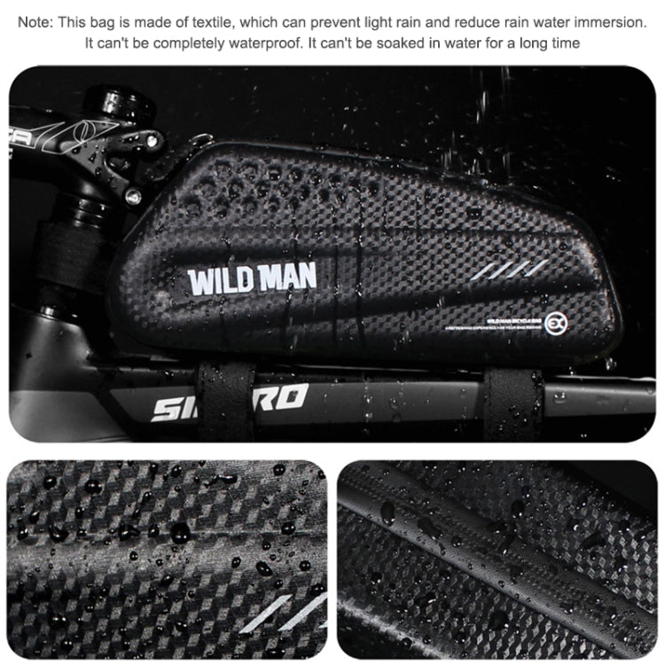 Black waterproof handlebar bag with water droplets on carbon-texture shell