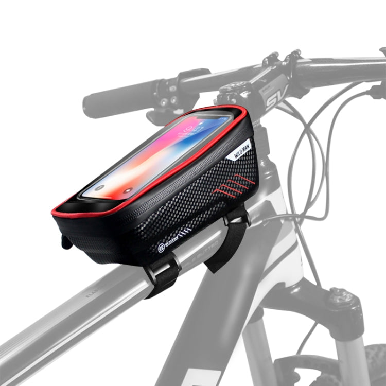 Waterproof MTB front bike bag with phone window, black with red edge, mounted
