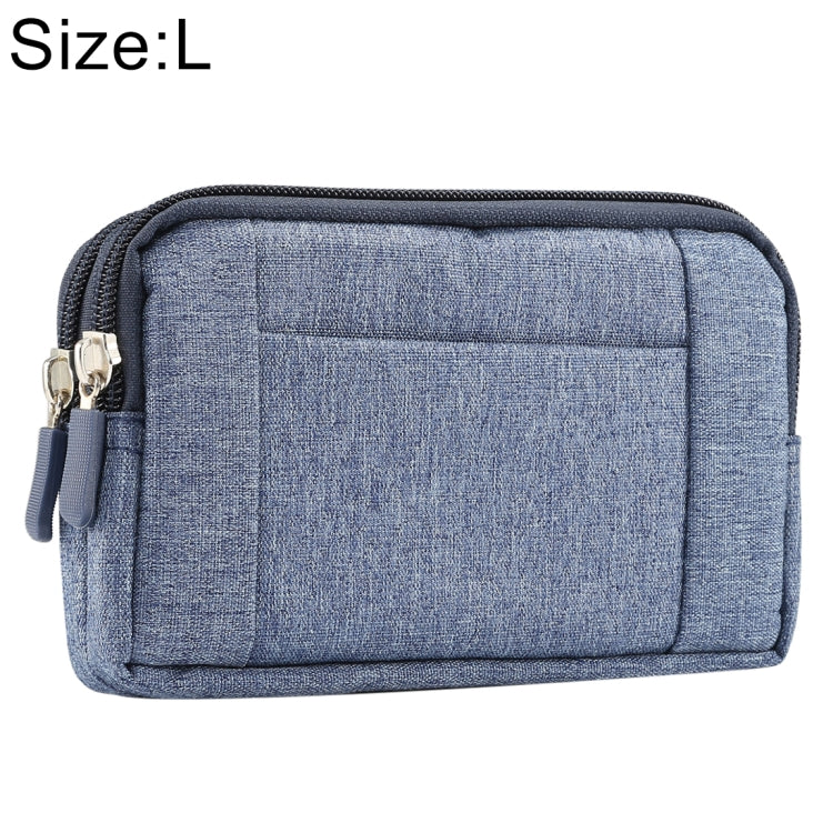 Blue denim phone waist bag, L size, front zip pocket and adjustable strap