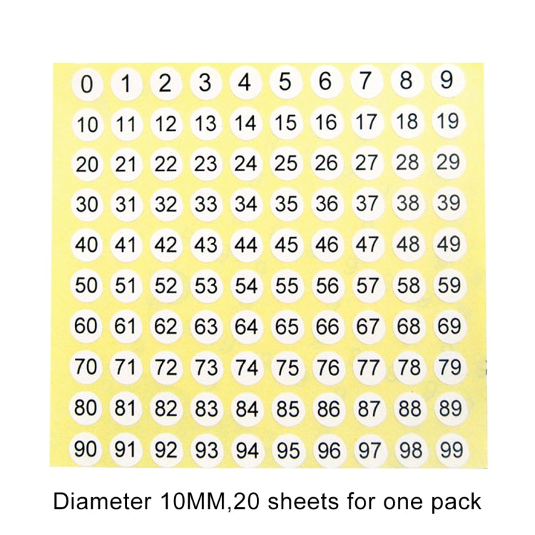 Round 0–99 number sticker sheet with numbered circles, 10mm diameter