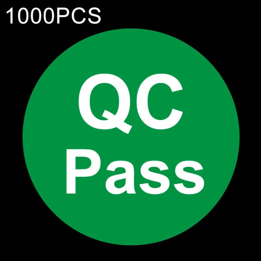Green round QC Pass sticker, bold white QC and Pass text