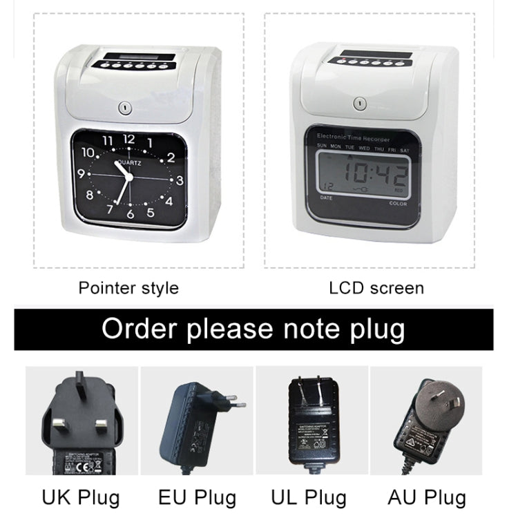 Electronic time recorder shown with pointer clock face and LCD screen; plug options