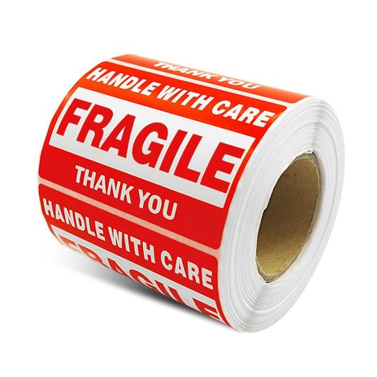 Self-adhesive fragile label roll with red FRAGILE warning and THANK YOU bands