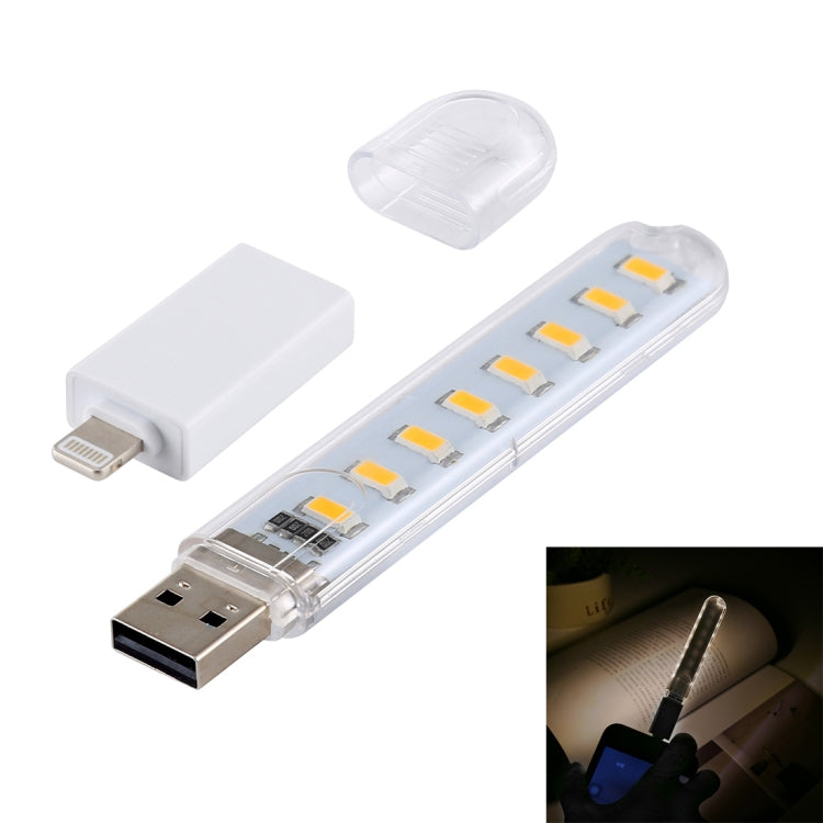 USB LED book light with clear lamp bar, USB plug, white pin adapter, 8 LEDs visible