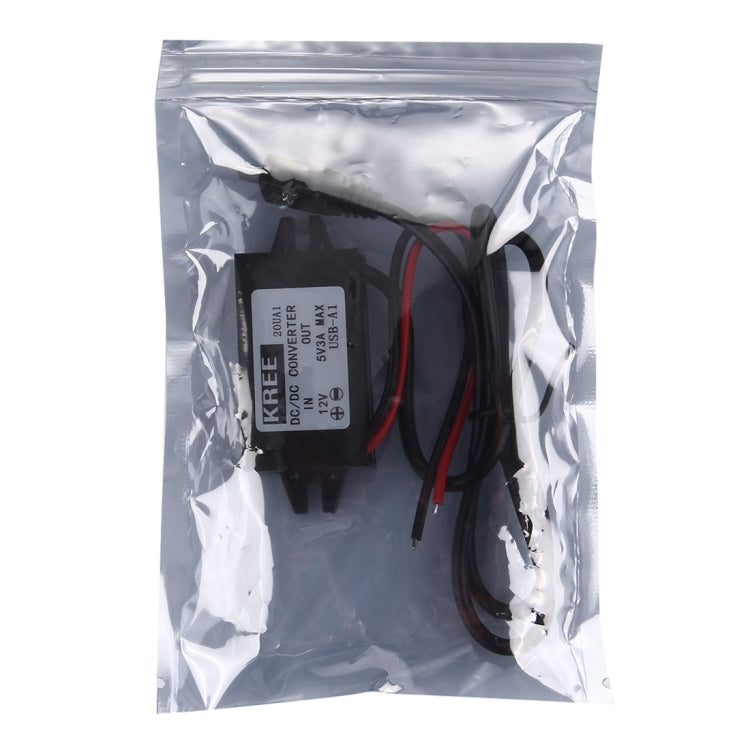 Packaged DC-to-5V micro USB car charger converter with cables in clear bag