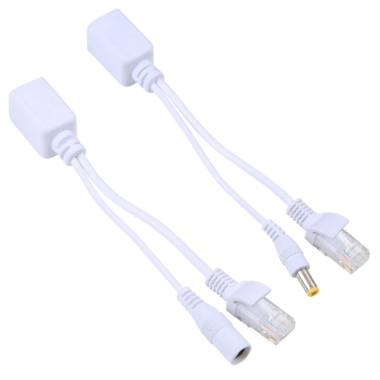 White RJ45 PoE injector/splitter cable set with two Ethernet plugs and DC barrel connectors