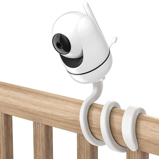 White flexible camera bracket with rail clip and cable guide for mounting a security camera