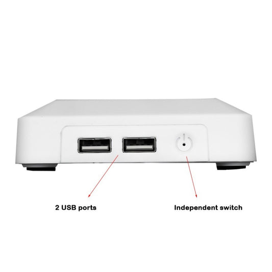 White console cooling base with two USB ports and independent power switch