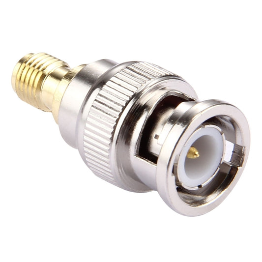 BNC male to SMA female connector with white insulator and gold center pin