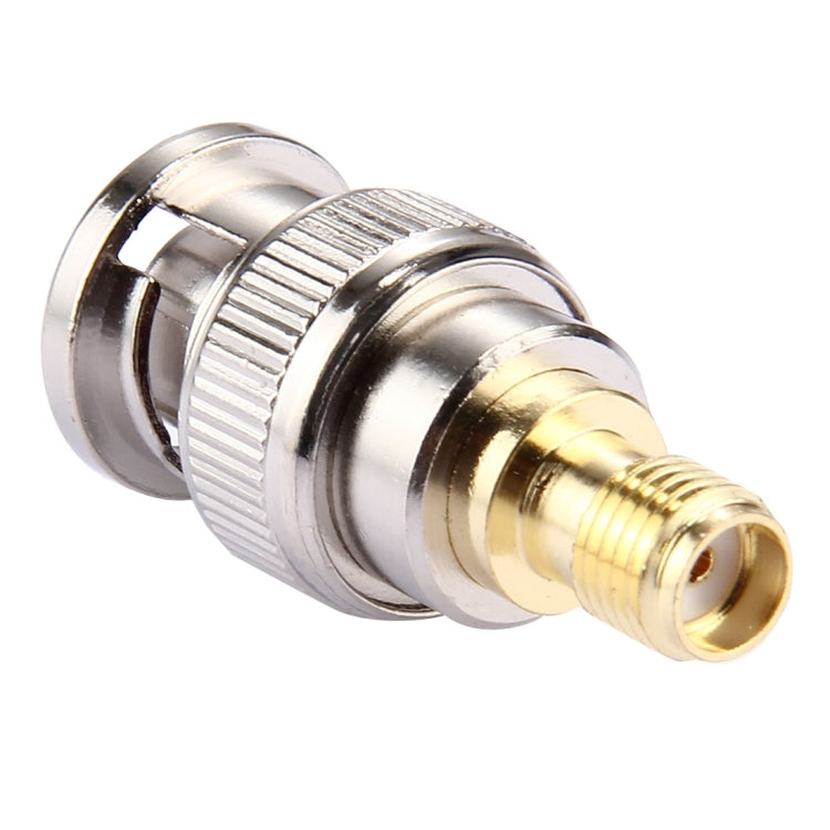 BNC male to SMA female connector, silver body with threaded gold signal end