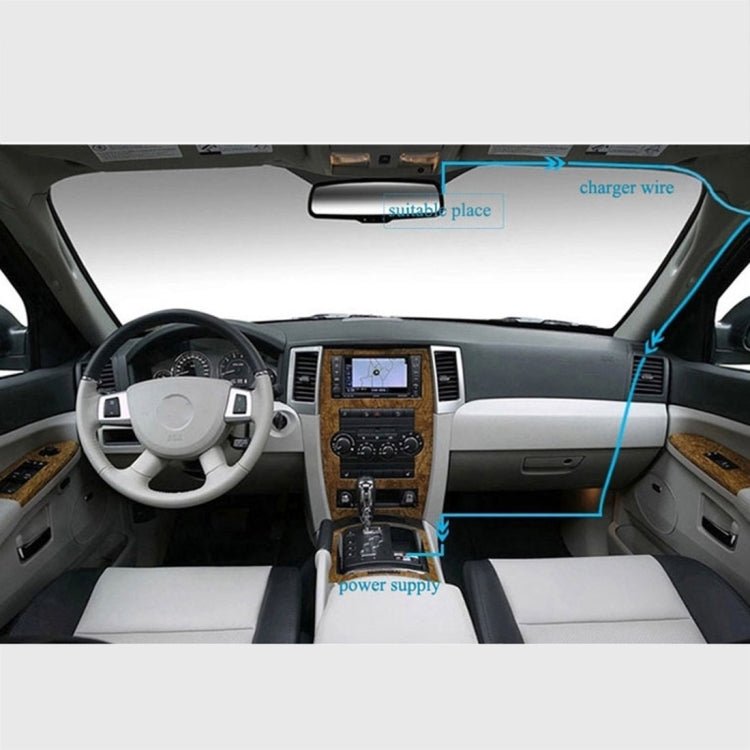 Car DVR dash camera inside view with LCD screen, power supply and charger wire