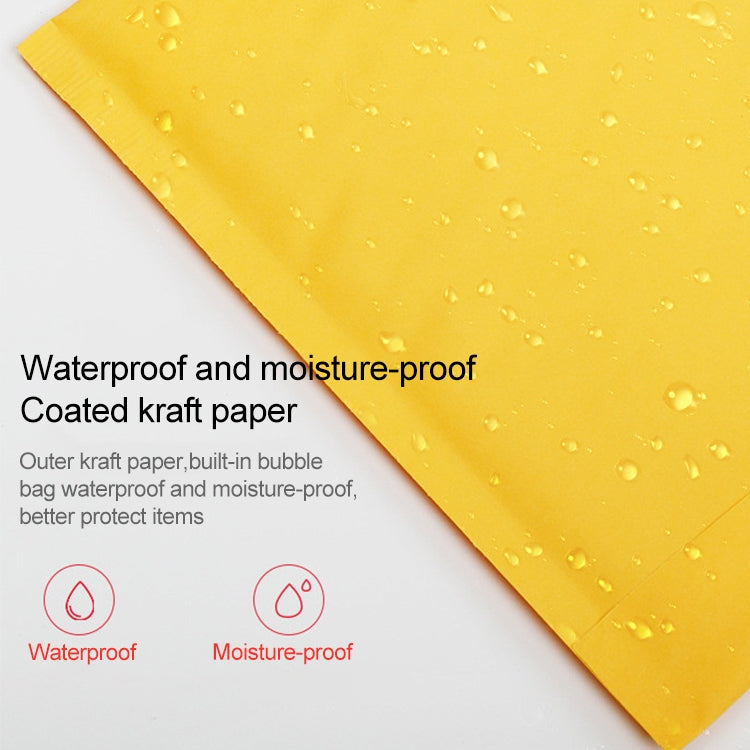 Kraft bubble mailer envelope with water droplets on yellow coated paper surface