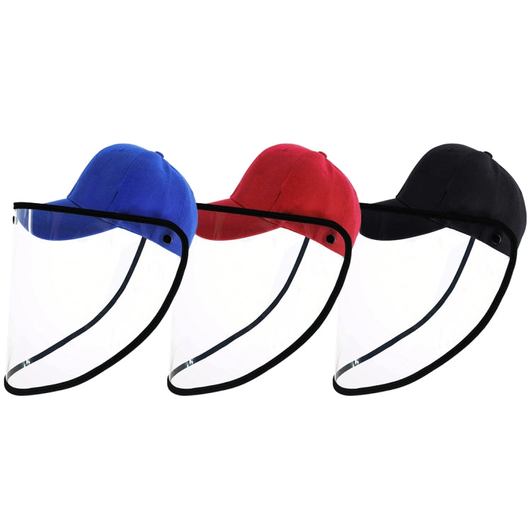Set of protective baseball caps with clear face shields in blue, red, and black