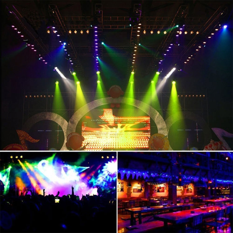 RGB stage lighting fixtures projecting green, blue, and yellow beams across a concert venue