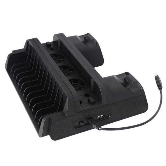 Black game console cooling fan stand with USB port and two controller dock spots