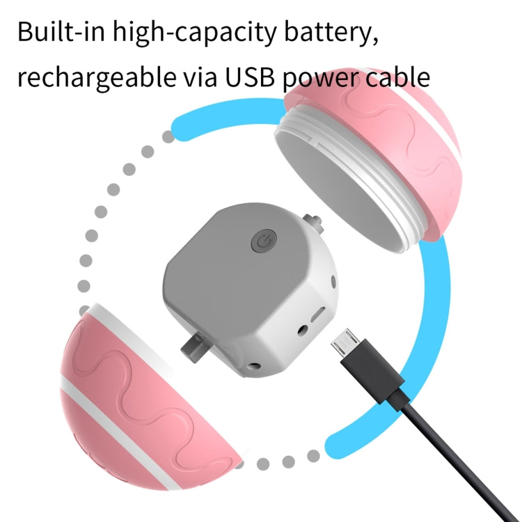 Rechargeable auto pet toy ball shown with USB charging cable and battery cover