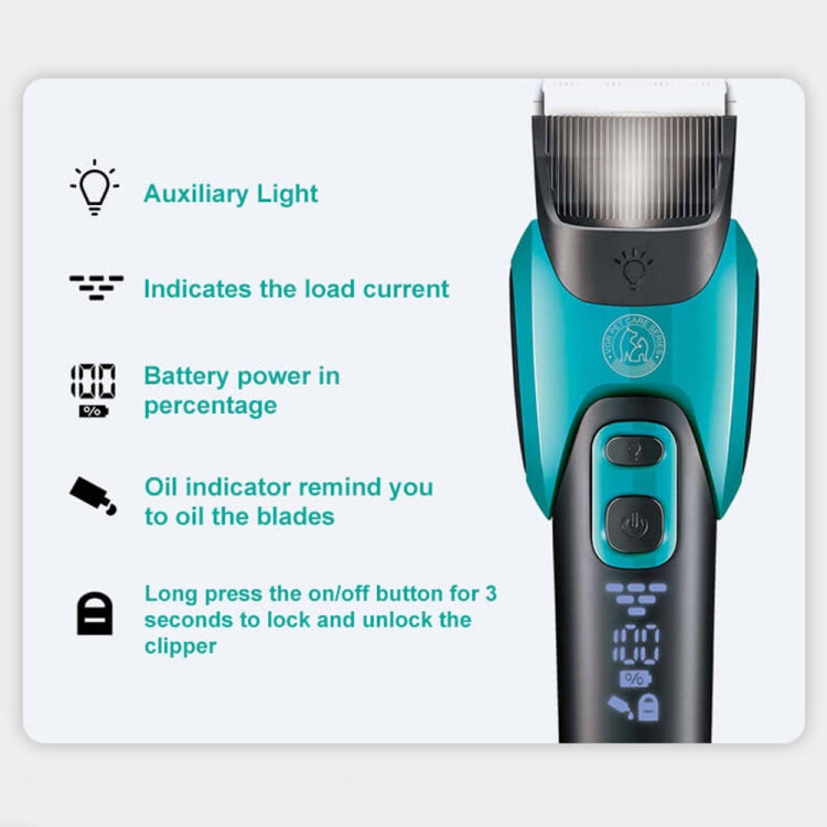 Blue pet hair clipper with LED load and battery indicators and blade oil reminder