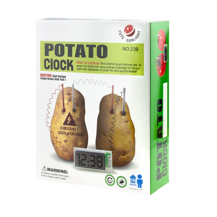 Potato clock educational kit box with LCD module and wired potato circuit illustration
