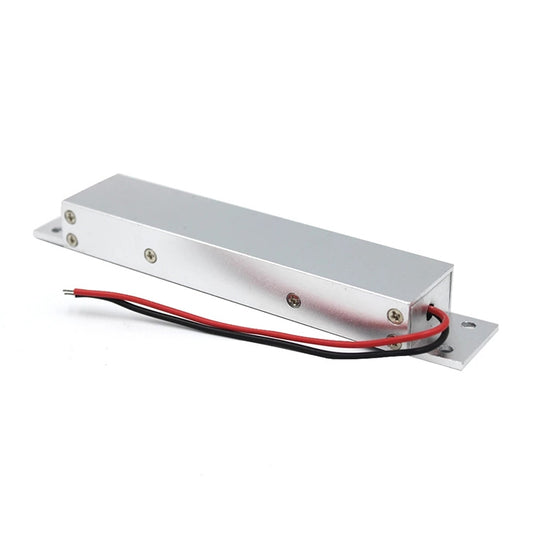 Mortise magnetic lock with metal housing and two red wiring leads