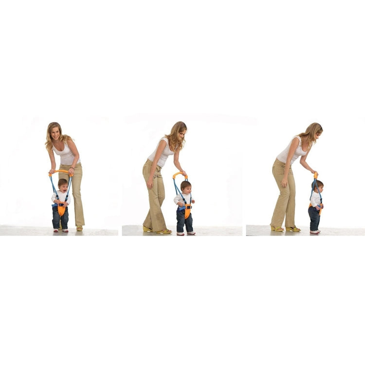 Toddler safety harness worn for assisted walking, orange chest pouch and blue straps