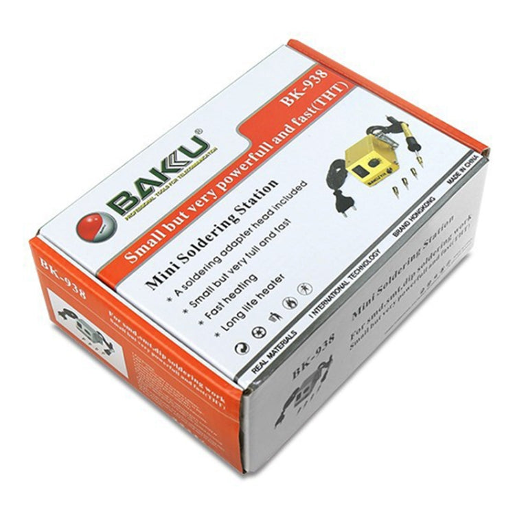 BAKU BK-938 mini soldering station retail box in orange and gray with included set icons