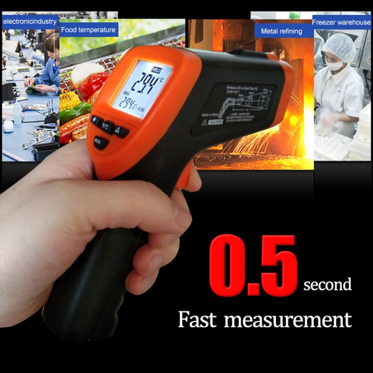 Handheld orange and black infrared thermometer with blue LCD temperature display.