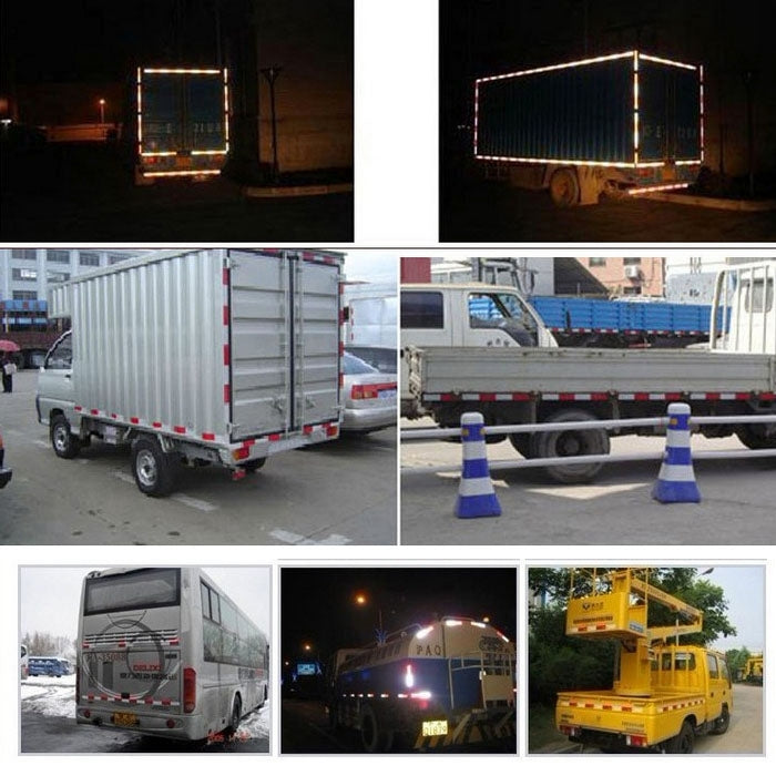 Reflective red-and-silver warning strip on flatbed truck side, bright at night