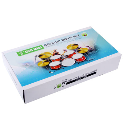 USB MIDI roll-up drum kit retail box with drum graphics and music notes