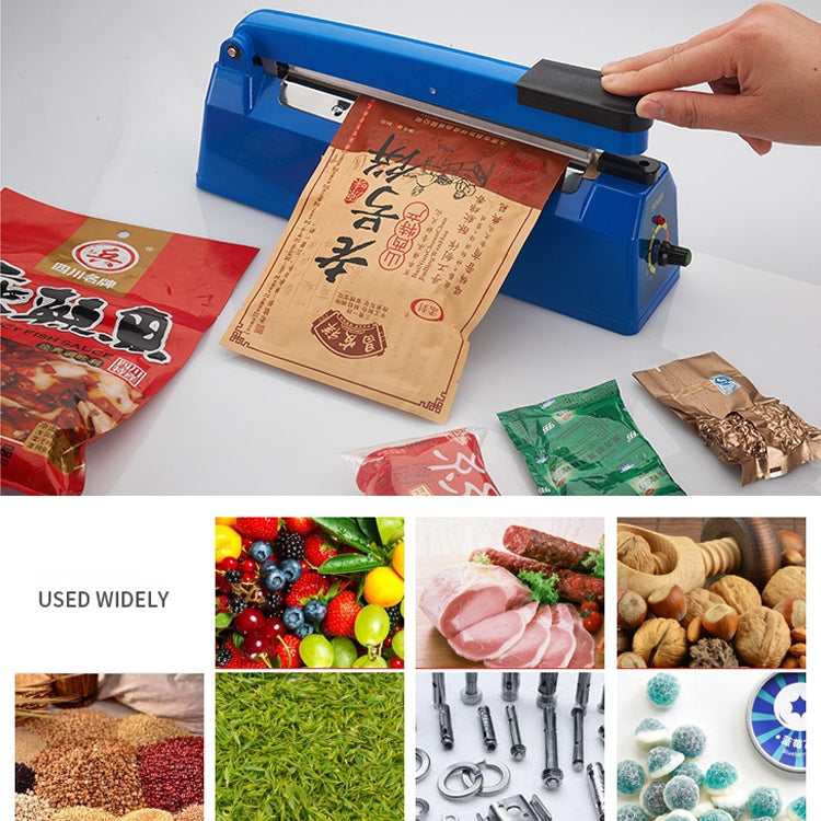 Blue 200mm impulse heat sealer sealing a poly bag with handheld cover and switch
