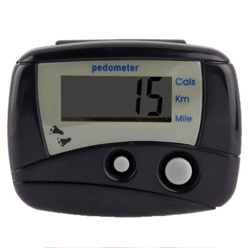 Black digital electronic pedometer with LCD display and two front buttons.
