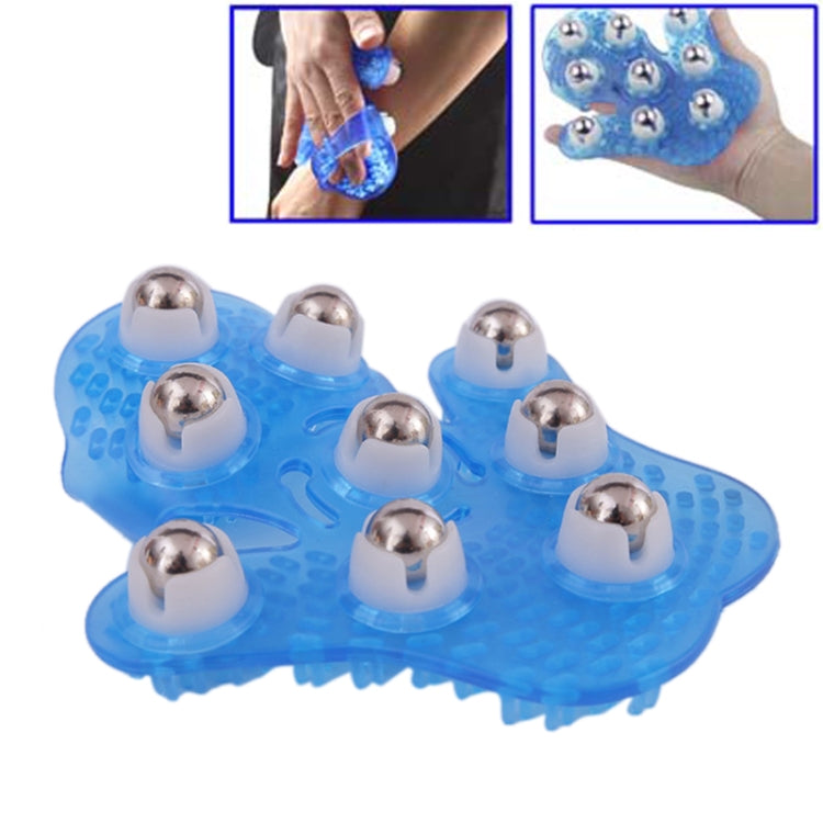 Blue palm-shaped handheld massager with nine silver massage balls and textured ridges