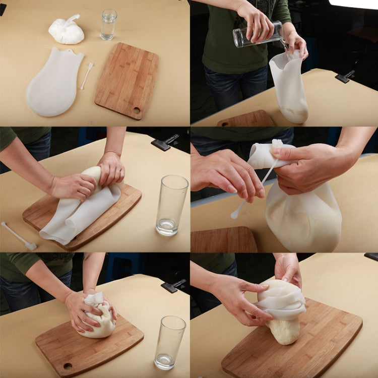 White silicone dough bag filling and squeezing dough on a wooden board