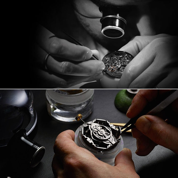 Hands working on watch movement with repair tools and small screws