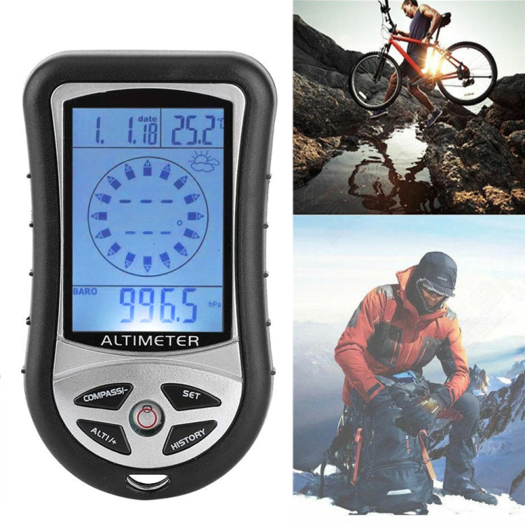 Black digital altimeter watch with blue LCD screen and compass/history buttons
