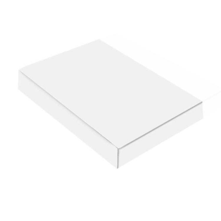 White rectangular product packaging box with folded top flap