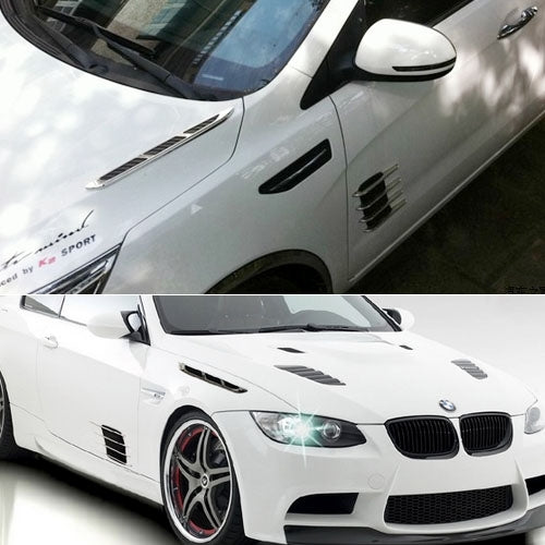 Shark-gill hood side vent decals on white car, black fin grilles with silver frames