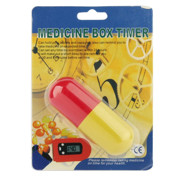 Retail package for pill medicine timer with yellow blister and red capsule