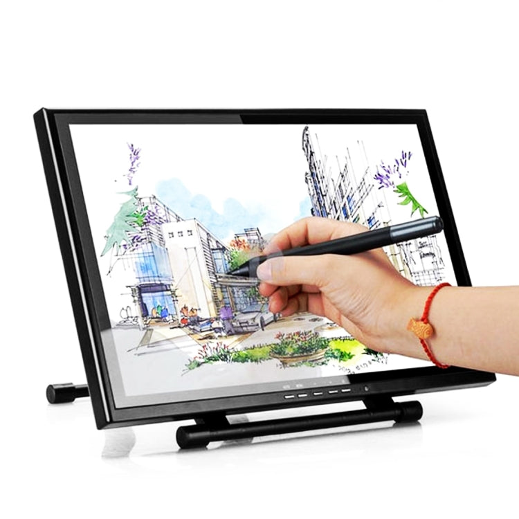 Black stylus pen used by hand on drawing tablet screen