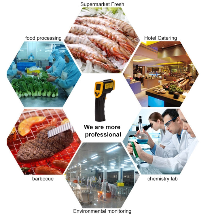 Handheld infrared thermometer with yellow screen and black grip handle