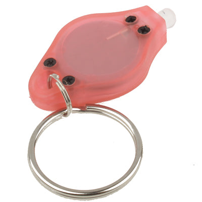Mini LED flashlight keychain, pink translucent body, top with small button details